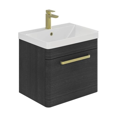 Esk Wall Mounted 500 Vanity Unit & Basin Black with brushed Gold Handle Easy Bathrooms