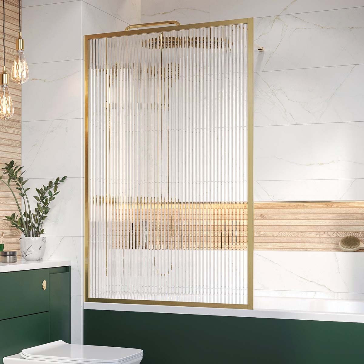 Brushed Gold Fluted Glass Bath Screen Gold Bath Shower Screens