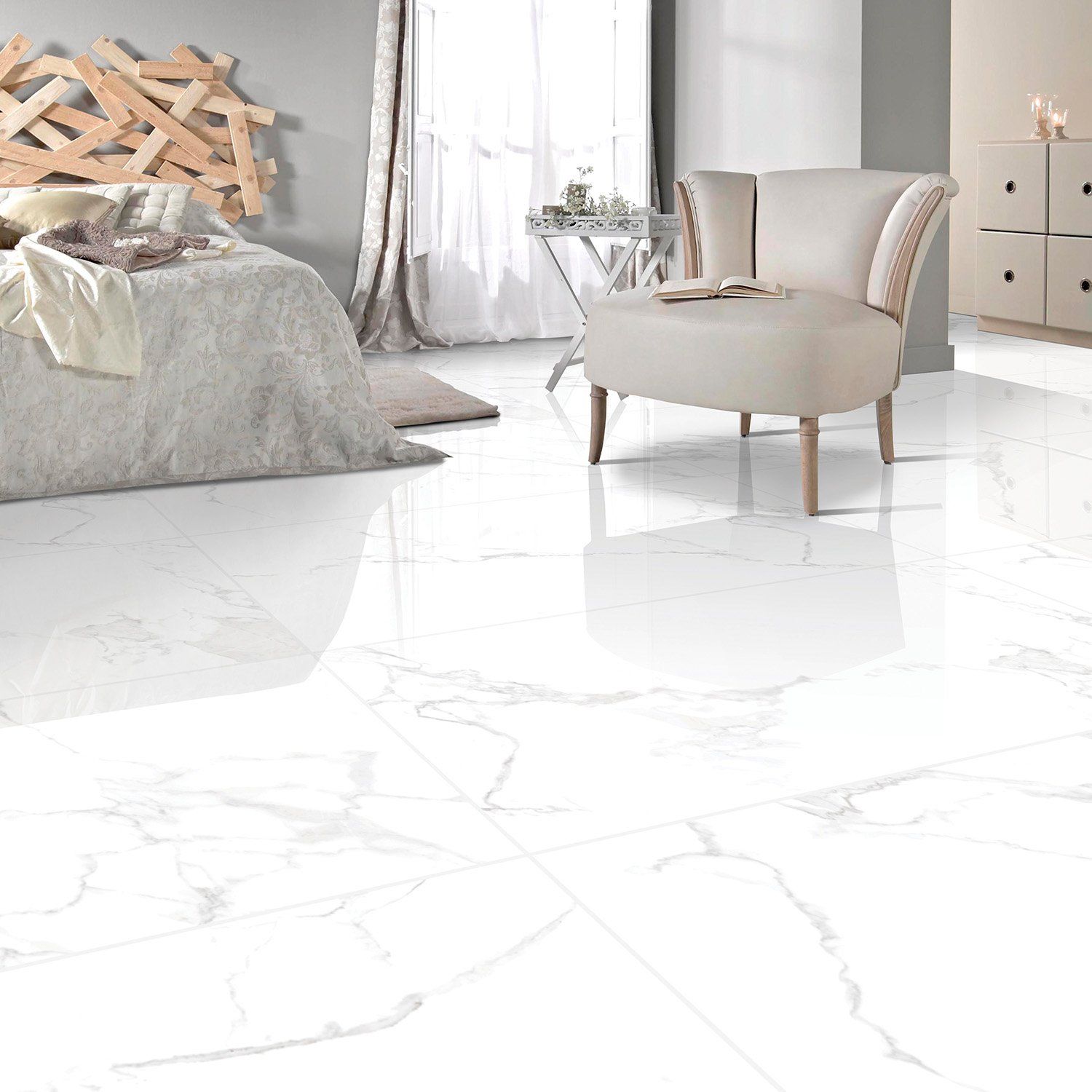 Miramar White Polished Porcelain Tile - 300x600mm | Marble Effect Tiles